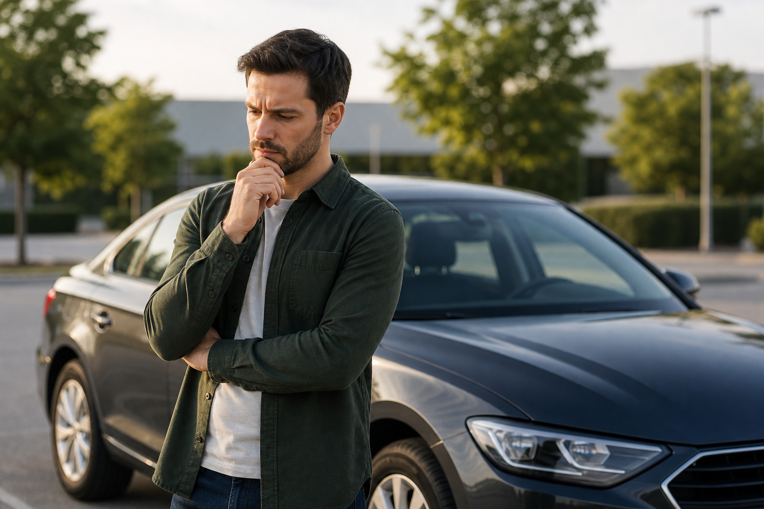 Persona revisando un coche antes de comprarlo