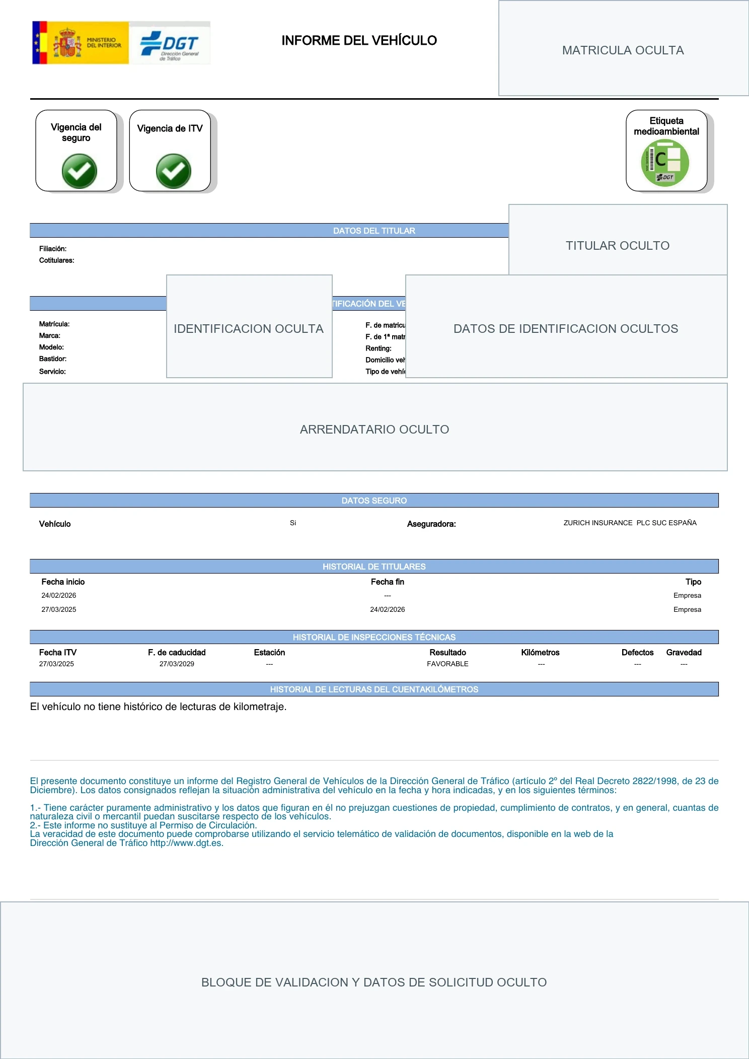 Página 1 de un Informe DGT real con datos identificativos ocultos