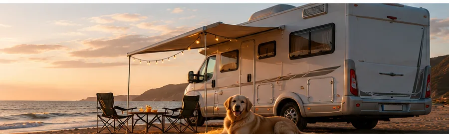 Autocaravana premium junto al mar al atardecer con perros