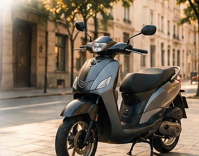 Ciclomotor moderno en una ciudad europea luminosa