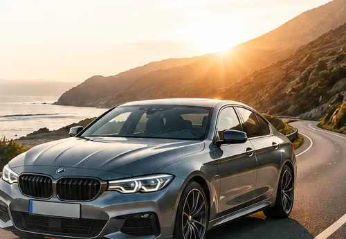 Coche premium en carretera costera al atardecer