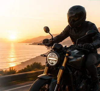 Moto premium en carretera costera al atardecer