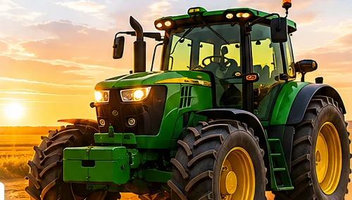Tractor moderno en un campo al atardecer